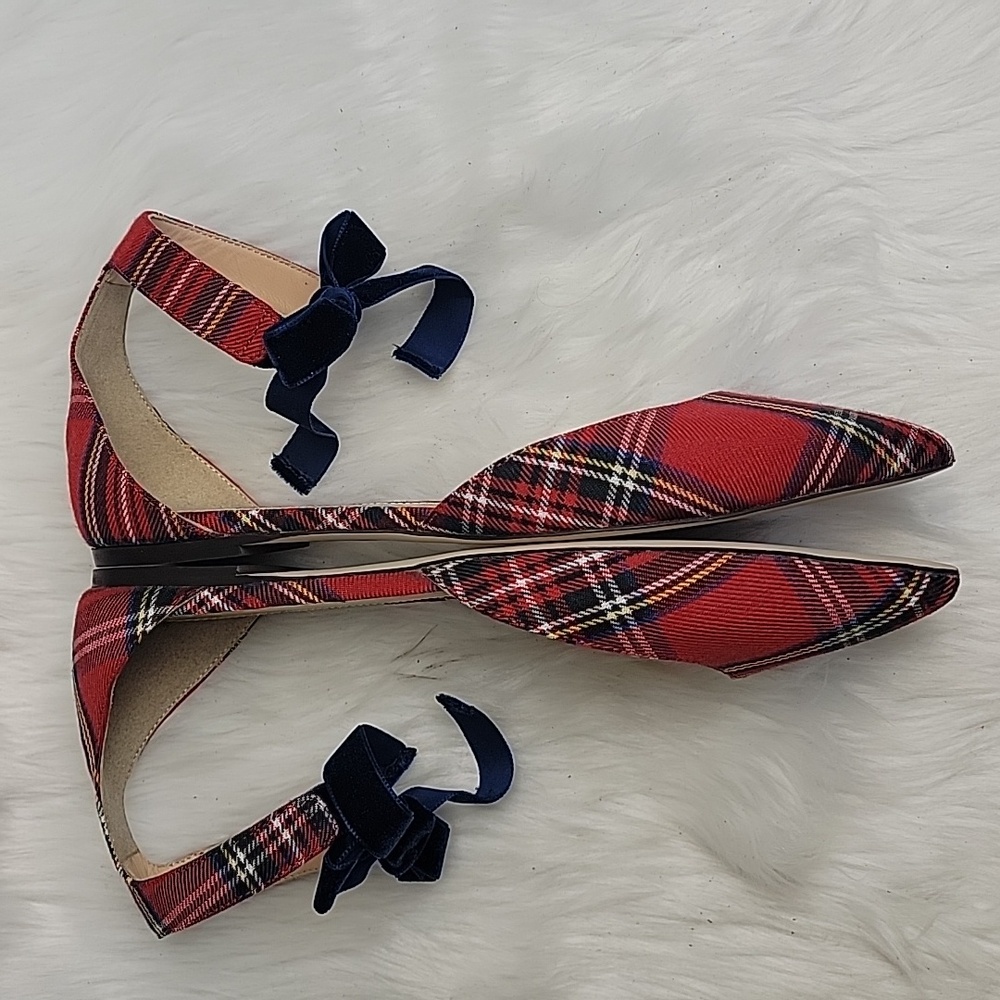 J.CREW Red Tartan Plaid d'Orsay Velvet Ankle Tie Festive Preppy Holiday Flat 7.5 - Picture 5 of 13